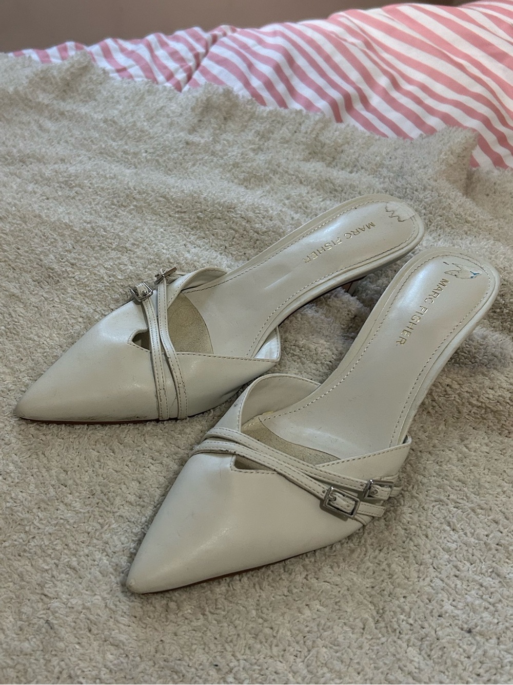 Marc Fisher Cream Pointed Toe Buckled Kitten Heels - Picture 2 of 3